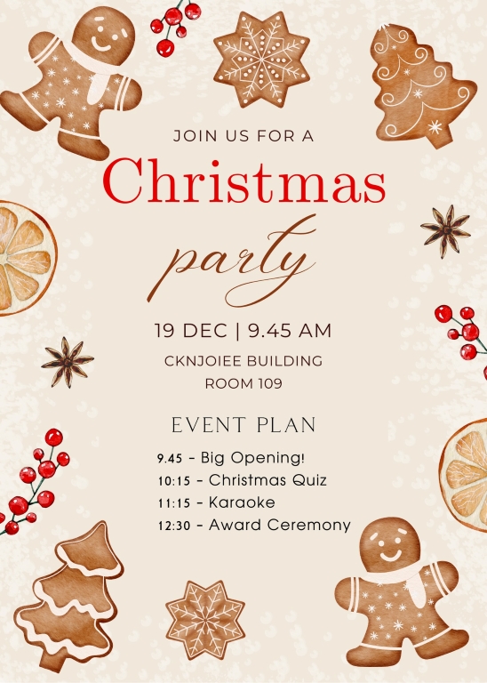 Zaproszenie na Christmas Party w dniu 19 grudnia 2023 roku od Rady Samorządu Studentów CKNJOiEE